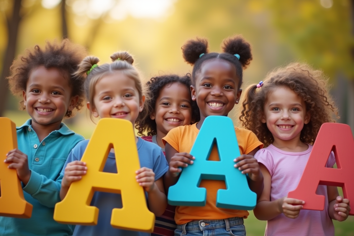 Enfants heureux dehors tenant des lettres en bois colorées