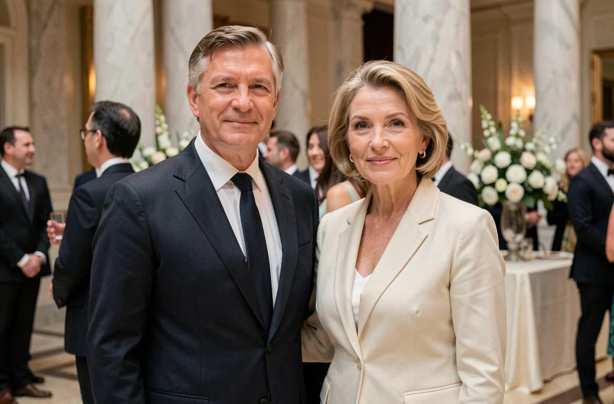 Guillaume Faury et son épouse lors d'une apparition publique officielle dans un grand hall d'événements