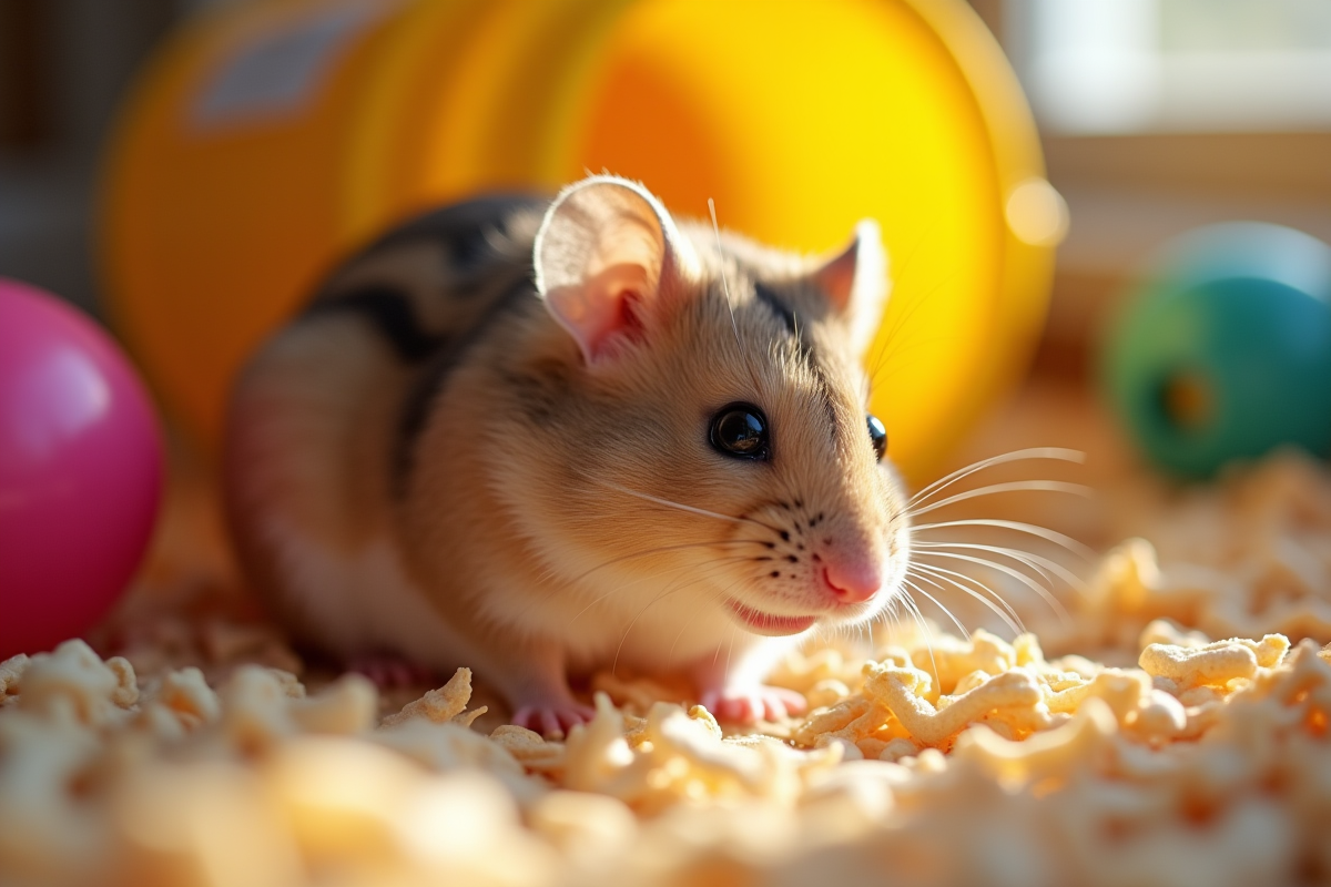 Hamster explorant sa cage bien équipée en lumière naturelle