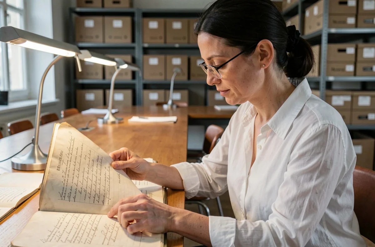Historienne consultant un registre d'état civil du XIXe siècle dans une salle d'archives départementales
