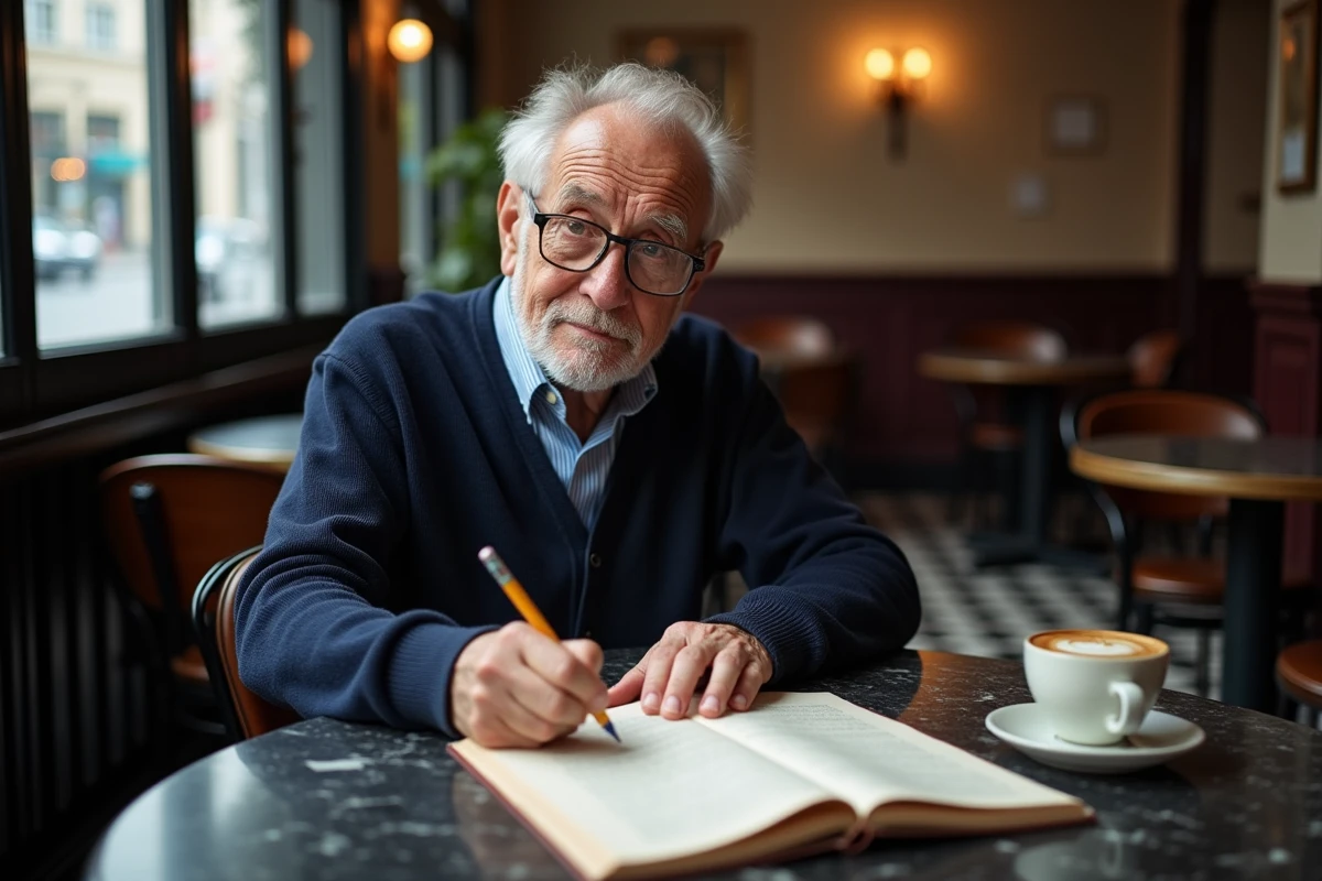 Homme âgé annotant un poème contemporain sur les parents inspiré de Rimbaud dans un café parisien