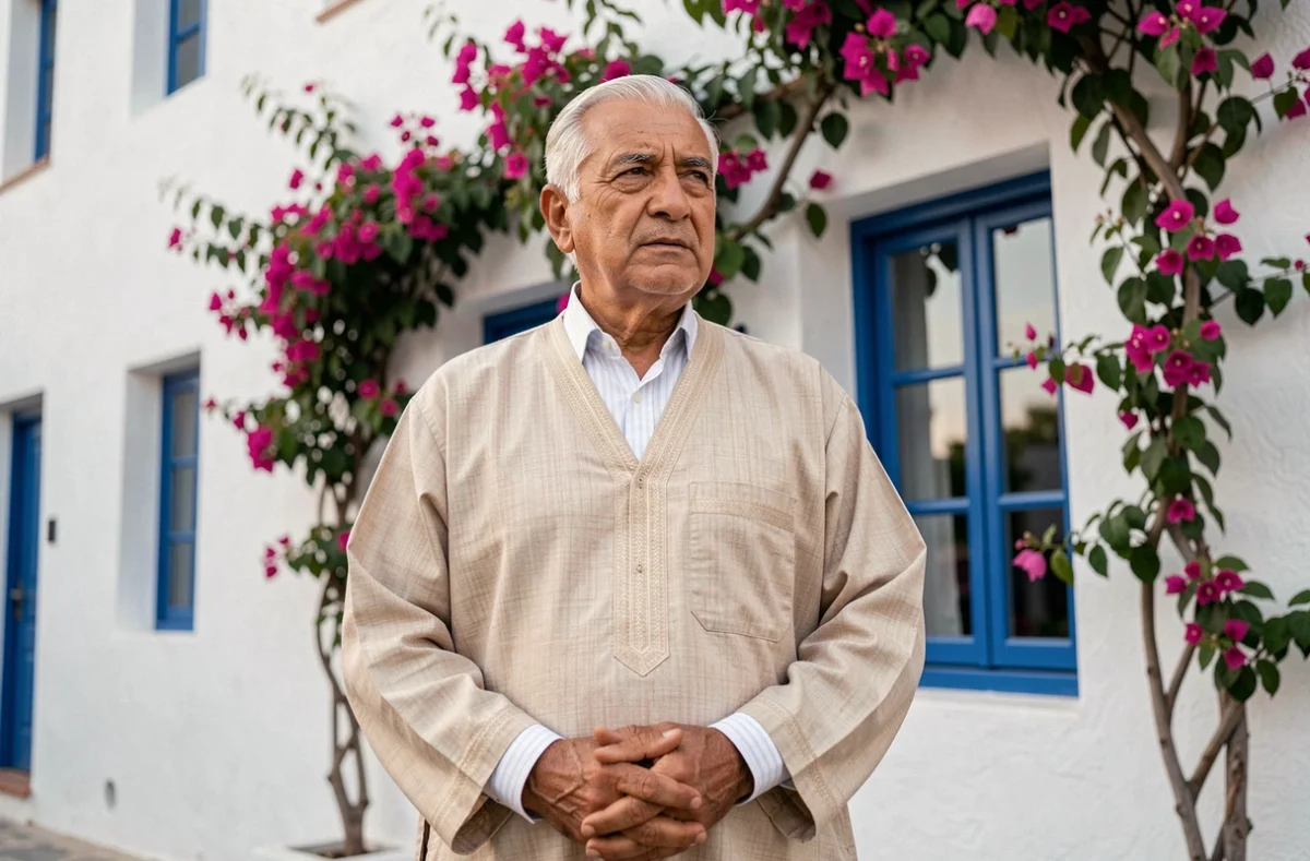 Homme algérien d'âge mûr en tenue traditionnelle devant une bâtisse méditerranéenne aux volets bleus et aux bougainvilliers