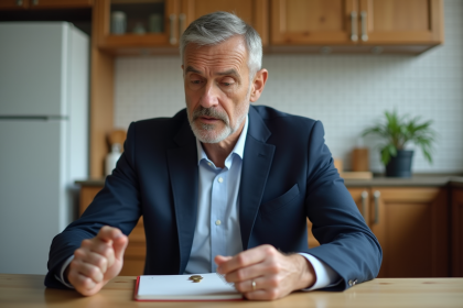 Homme d'âge moyen en costume assis à une table de cuisine comptant des pièces