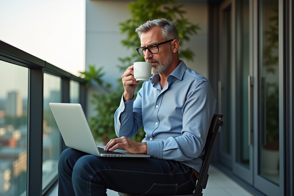 Homme travaillant sur son ordinateur sur un balcon urbain
