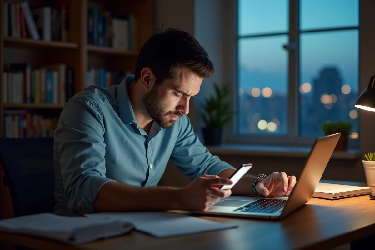 Homme stressé au bureau à domicile consultant les réseaux sociaux sur ordinateur portable et smartphone, représentant la gestion d'une relation secrète en ligne