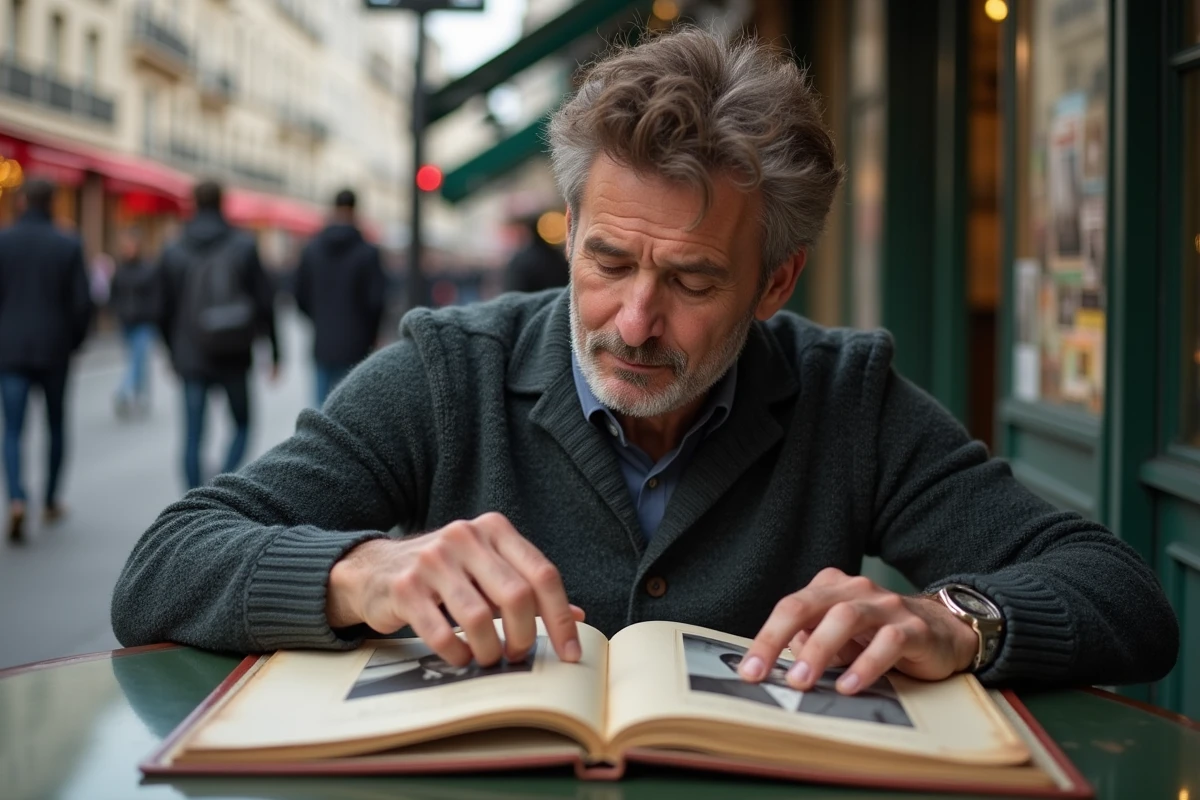 Homme au café parisien feuilletant un album photo de Gainsbourg