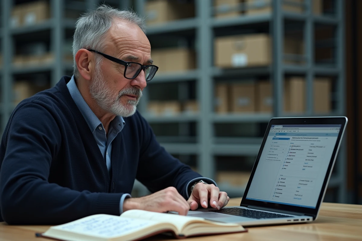 Homme âgé consultant des archives généalogiques étrangères sur un ordinateur portable dans une bibliothèque publique