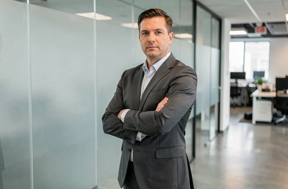 Homme en costume dans un couloir de bureau moderne, incarnant la discrétion et la vie privée dans la sphère publique