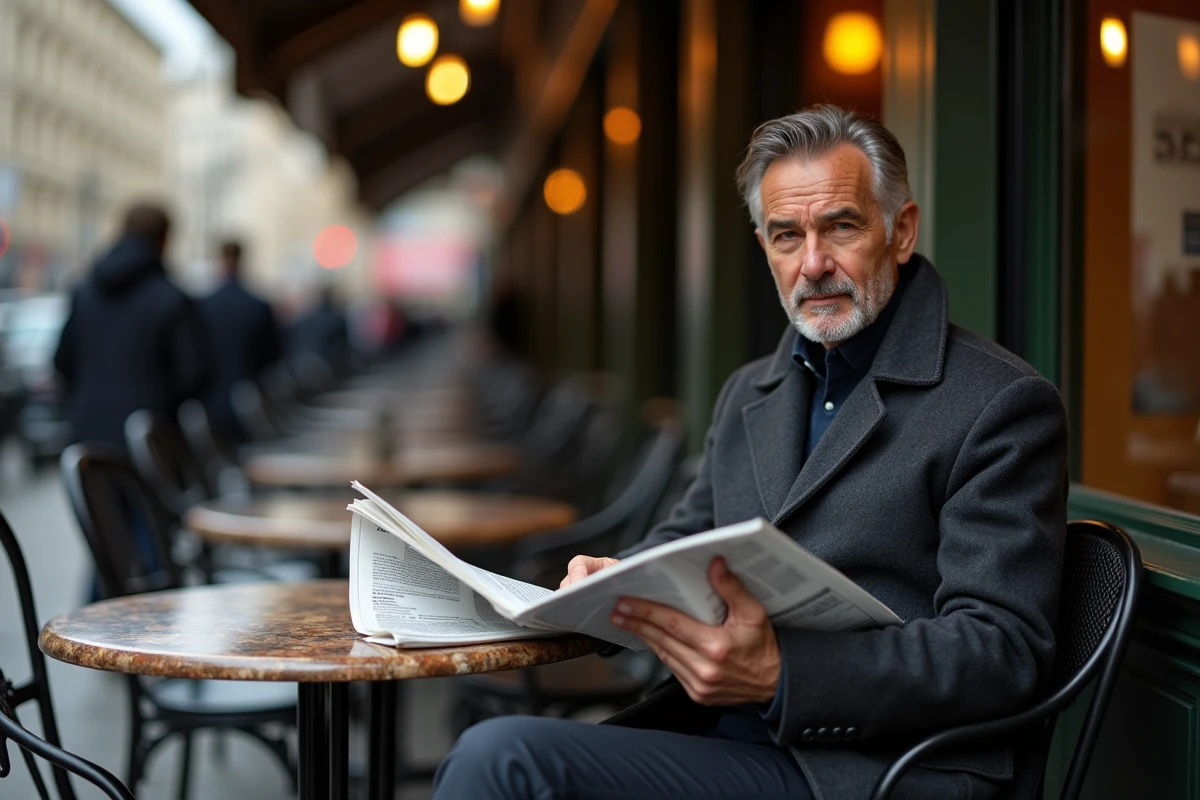 Homme distingué lisant un journal en terrasse de café parisien, illustrant la discrétion d'une figure publique