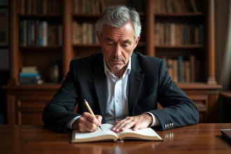 Homme d'âge moyen écrivant dans un journal en étude chaleureuse