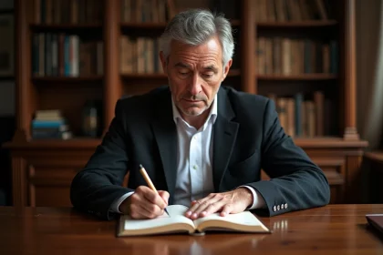 Homme d'âge moyen écrivant dans un journal en étude chaleureuse