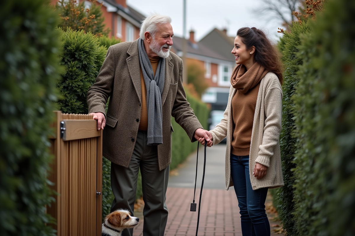 Homme âgé donnant une laisse à une femme dans le jardin