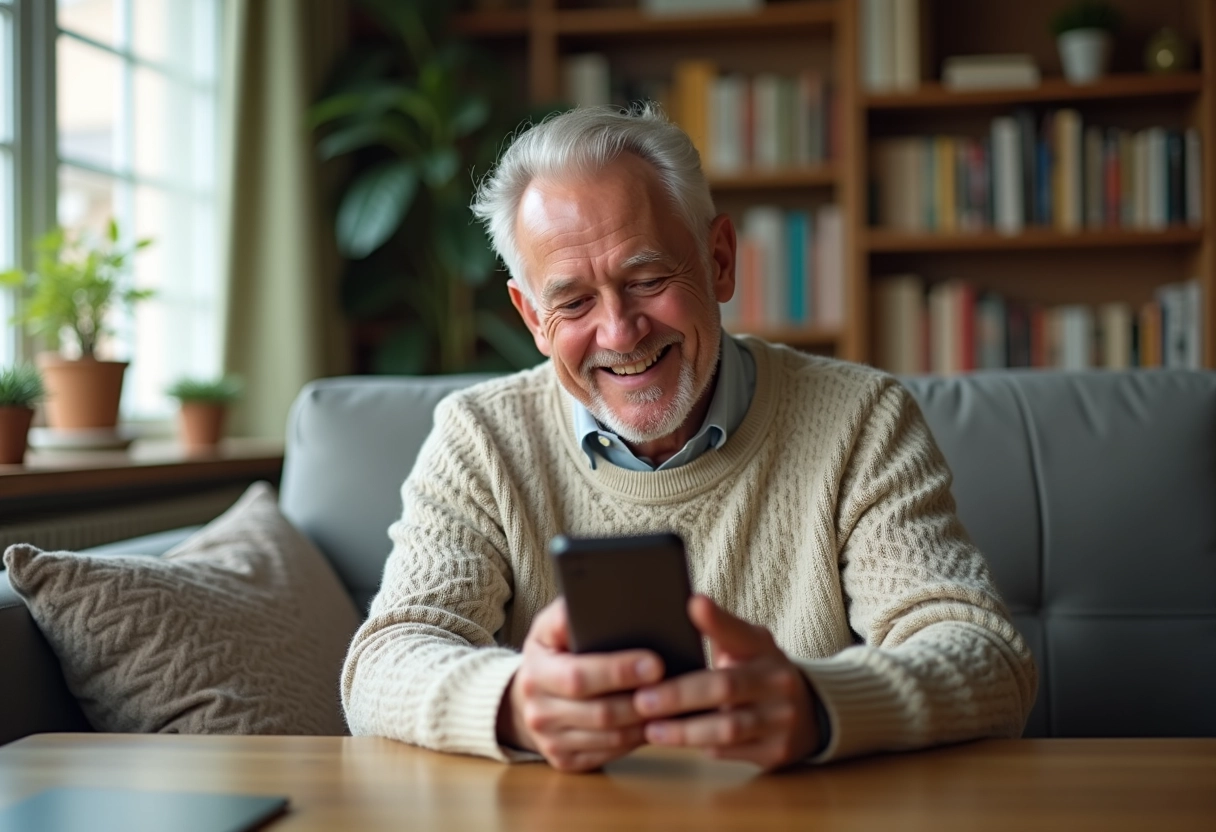 Homme âgé souriant regardant son smartphone dans un salon chaleureux