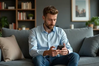Homme d'âge moyen dans un salon moderne avec smartphone