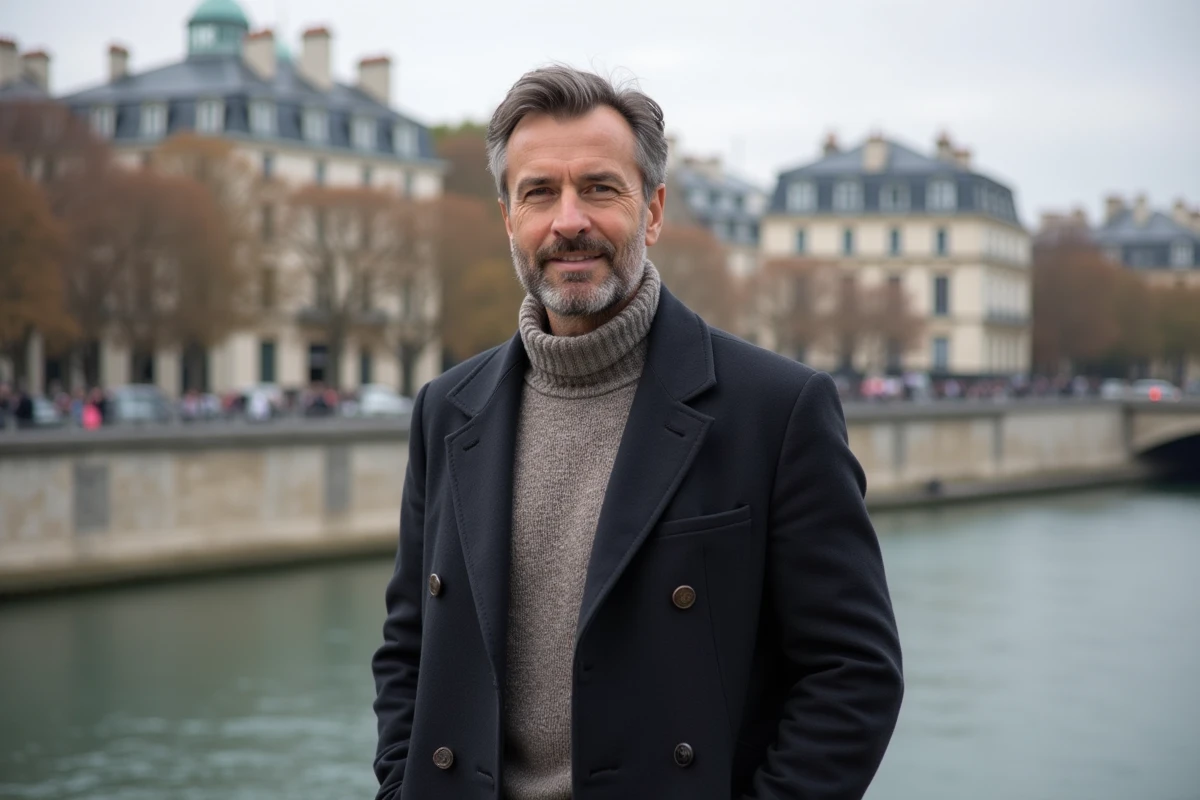 Homme debout au bord de la Seine avec bâtiments historiques