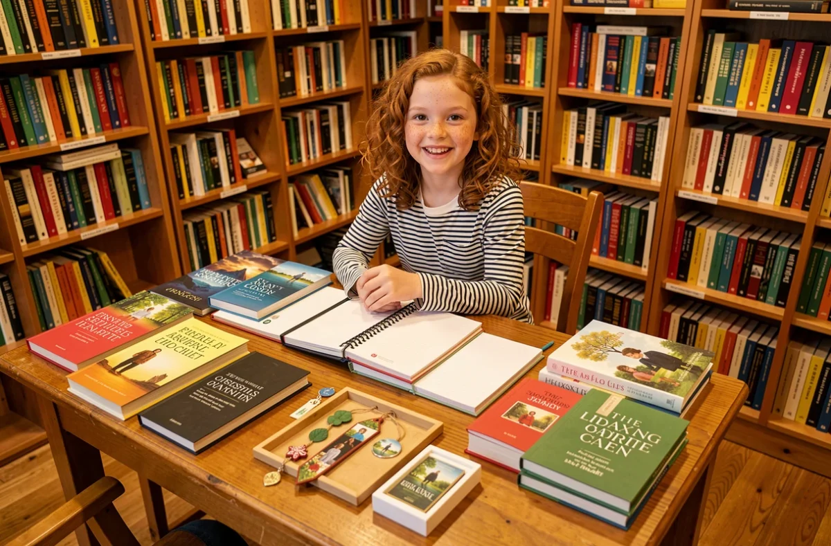 Préadolescente de 12 ans dans une librairie entourée de livres et cadeaux littéraires pour jeune lectrice