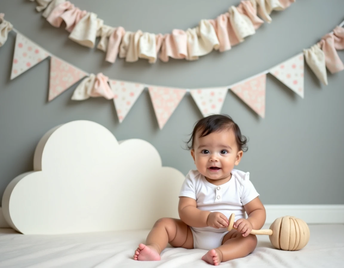 Bébé 6 mois assis devant décoration murale nuage recyclée avec guirlande en tissu faite maison pour photo mensuelle originale