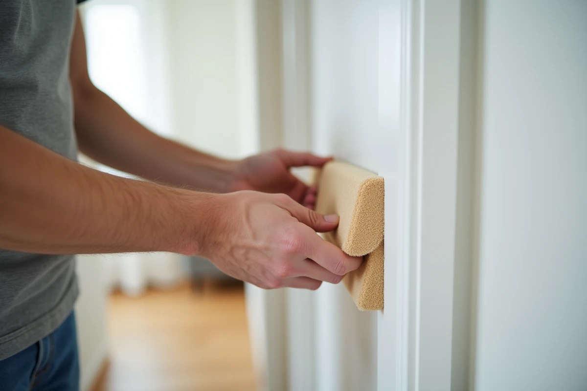 Installation d'une protection anti pince doigt adhésive sur une porte intérieure blanche sans perçage