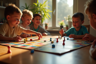 Jeu de l'oie sur une table en bois avec dés colorés