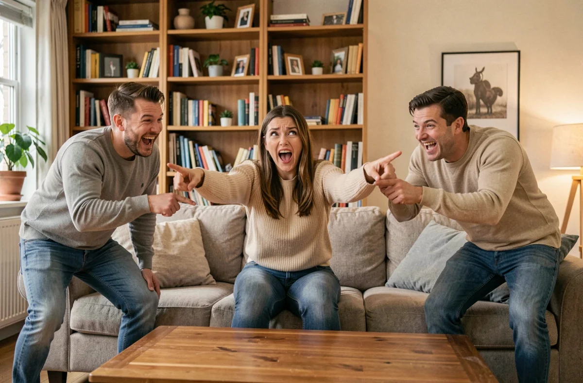 Groupe d'adultes jouant à un jeu de mimes dans un salon chaleureux, ambiance rigolade et bonne humeur