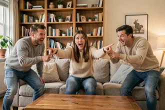 Groupe d'adultes jouant à un jeu de mimes dans un salon chaleureux, ambiance rigolade et bonne humeur