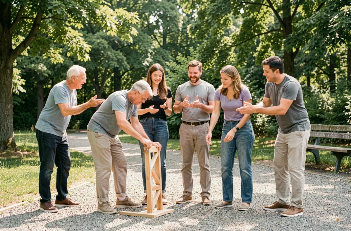 Groupe mixte d'adultes jouant à un jeu de mimes coopératif en plein air dans un parc, ambiance conviviale et complice