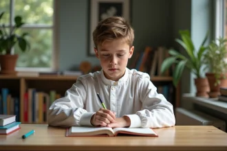 Adolescent en combinaison de course lisant à son bureau