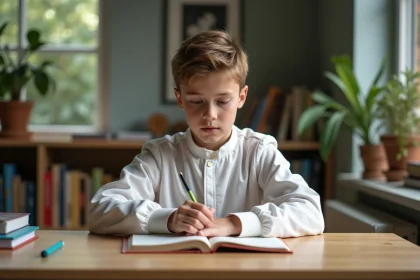 Adolescent en combinaison de course lisant à son bureau