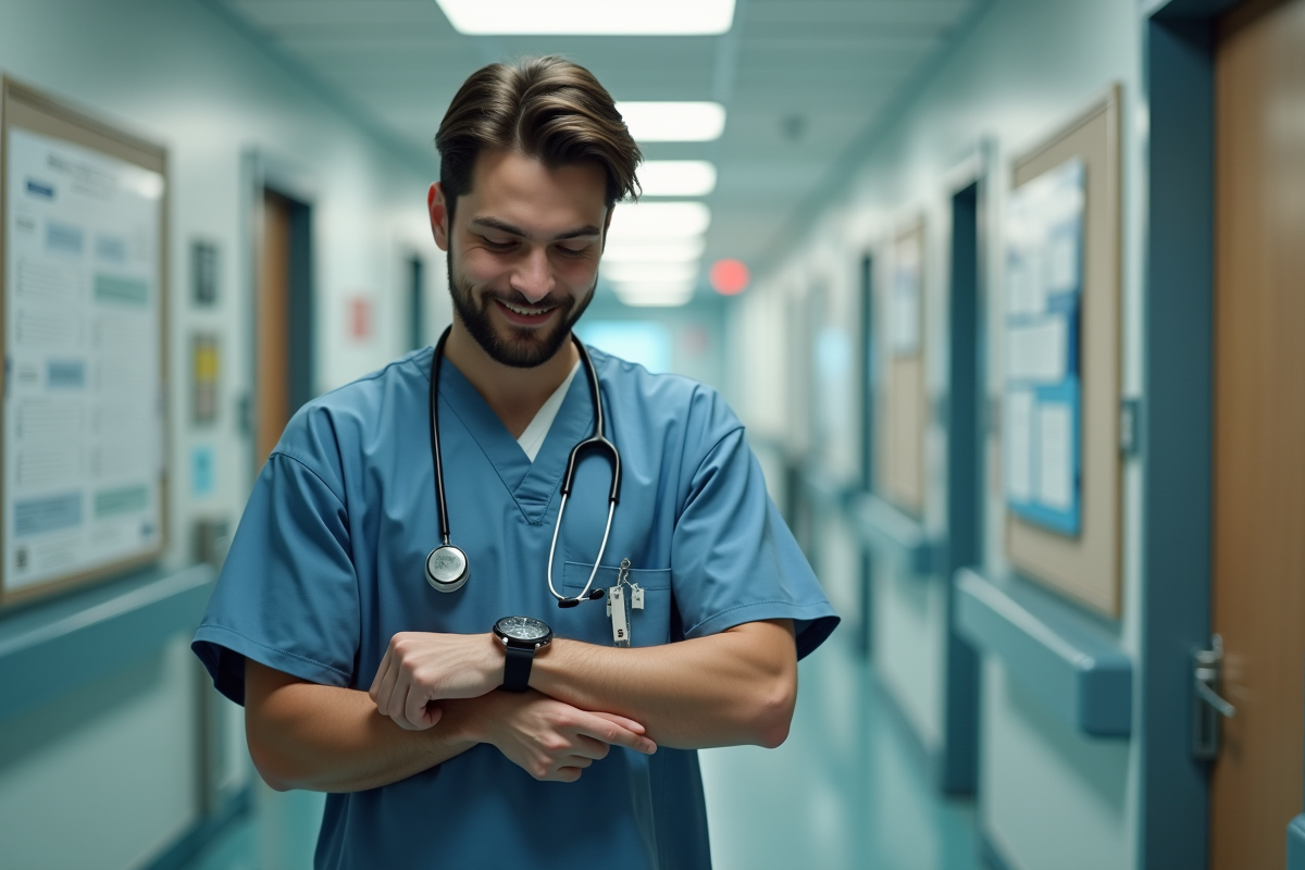 Jeune doula homme regardant sa montre dans un hôpital
