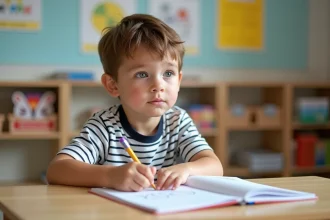 Jeune garçon concentré en coloriant dans une classe moderne