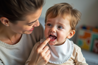 Jeune garçon de 2 ans examinant ses gencives avec sa mère