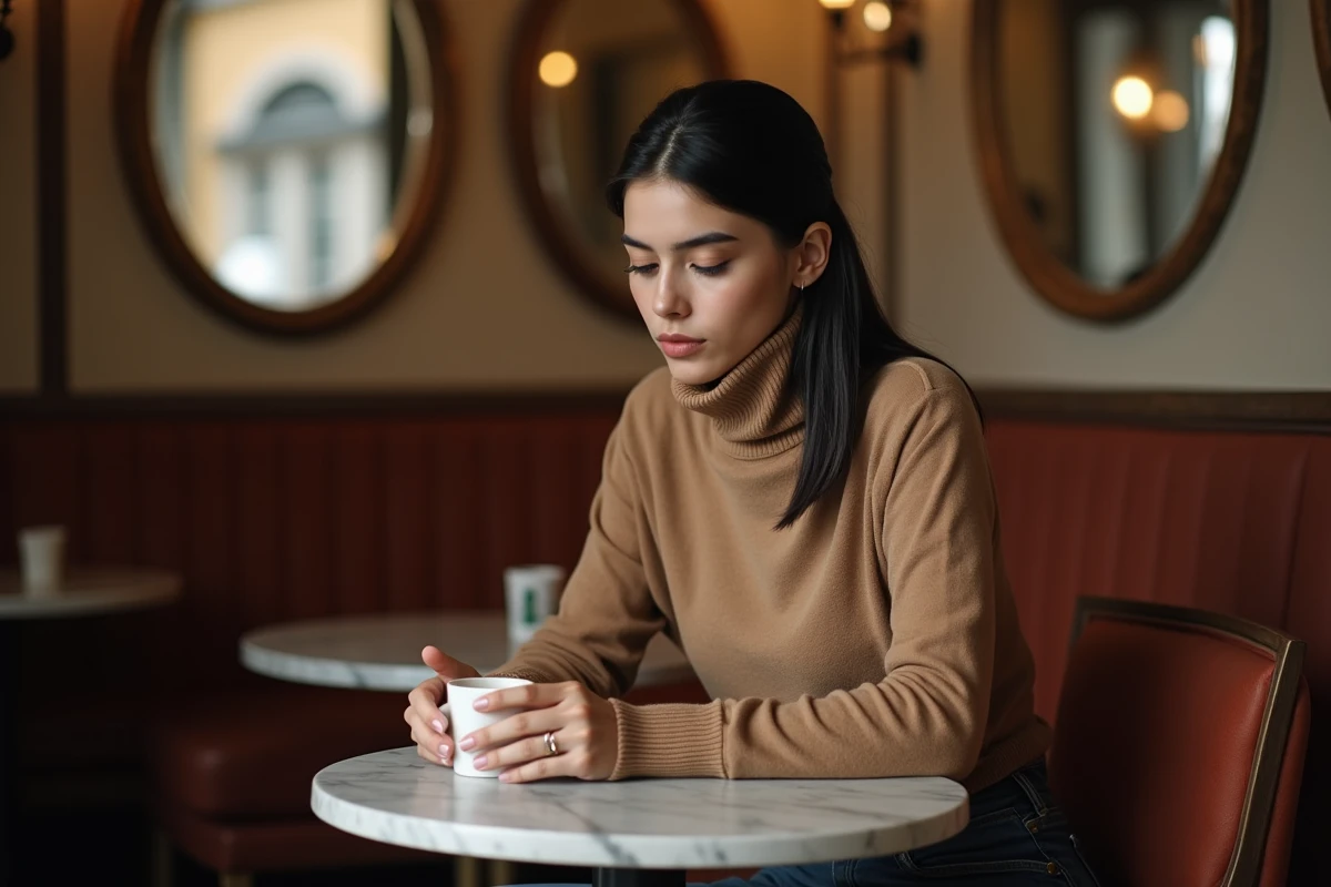 Jeune femme pensive attablée dans une brasserie parisienne vintage, portrait éditorial intime