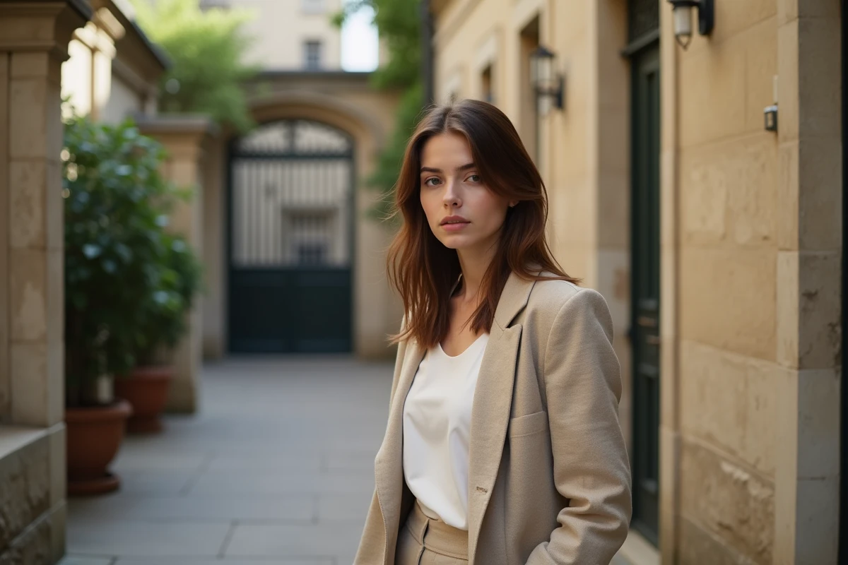 Jeune femme élégante et discrète dans une cour parisienne en pierre, style éditorial naturel