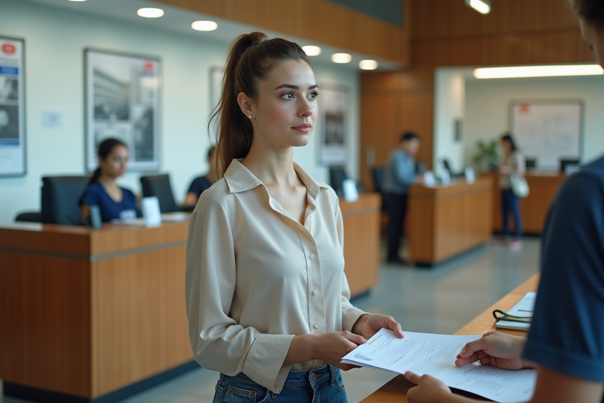 Jeune femme déposant des formulaires au guichet administratif