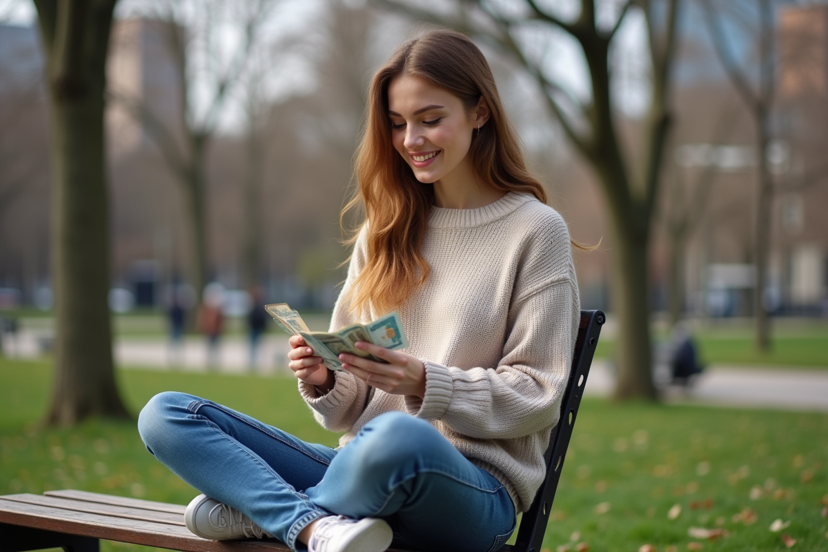 Jeune femme comptant des billets sur un banc dans un parc au printemps
