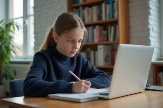 Jeune fille concentrée à son bureau à la maison
