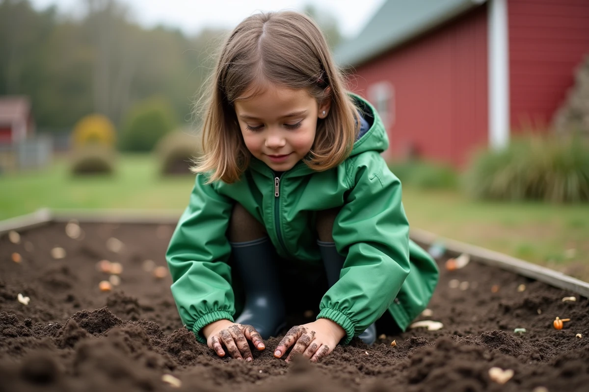 Fille plantant des graines dans un jardin éducatif