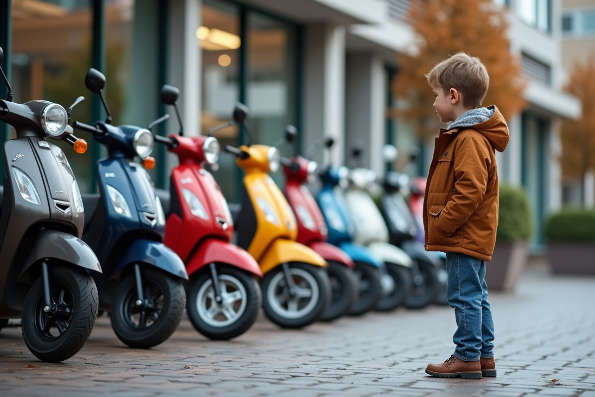 Jeune garçon de 14 ans examine des scooters colorés en ville