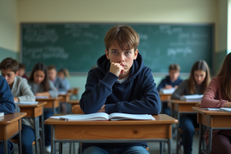 Adolescent en classe avec expression découragée