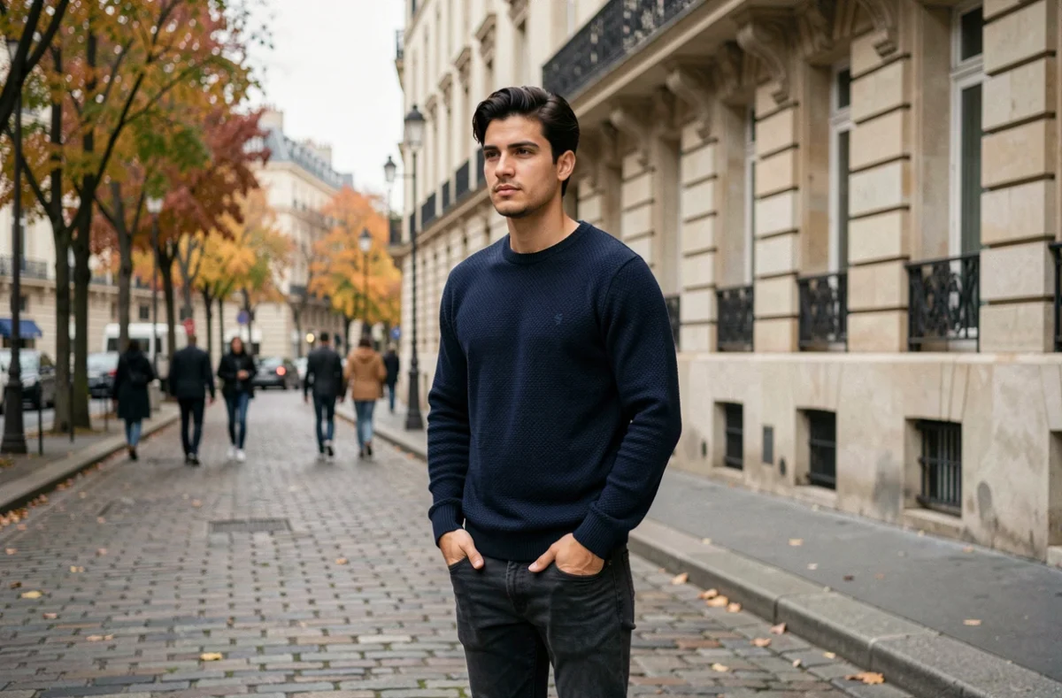 Jeune homme parisien en pull navy devant un immeuble haussmannien, portrait urbain authentique sur pavés en automne