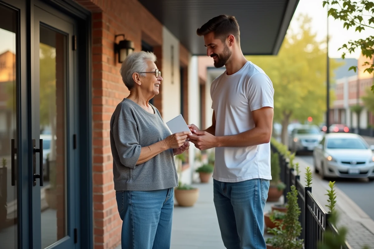 Jeune homme donnant une carte d anniversaire à une voisine âgée