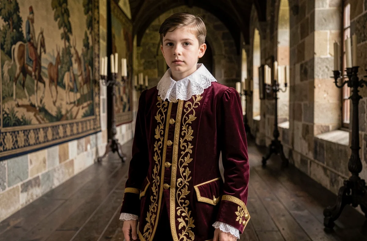 Jeune prince français du XVIIe siècle en costume royal de velours bordeaux et col en dentelle dans un couloir de palais en pierre, évoquant l'enfance de Louis XIII