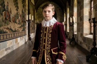 Jeune prince français du XVIIe siècle en costume royal de velours bordeaux et col en dentelle dans un couloir de palais en pierre, évoquant l'enfance de Louis XIII