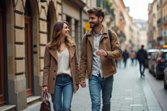 Jeune couple marche dans une ville européenne en printemps