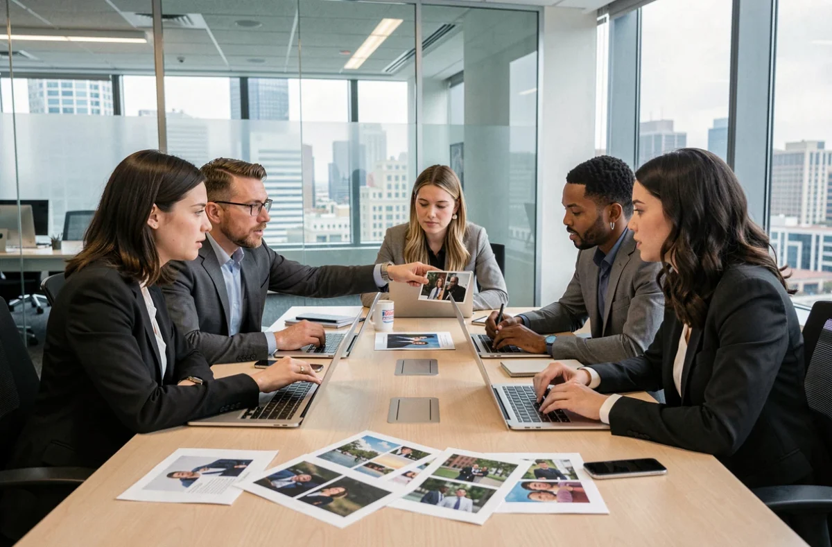 Journalistes réunis en salle de rédaction autour d'articles et de photos imprimées, analysant la couverture médiatique d'une personnalité discrète
