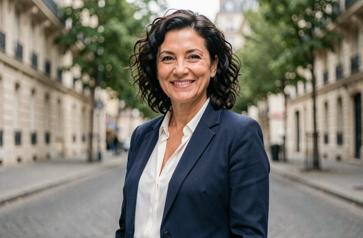 Portrait élégant d'une femme souriante dans une rue parisienne, illustrant un article sur la vie de couple de Juliette Plumecocq Mech