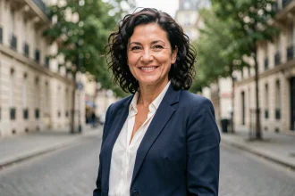 Portrait élégant d'une femme souriante dans une rue parisienne, illustrant un article sur la vie de couple de Juliette Plumecocq Mech