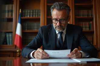Avocat français examinant un document du Code civil dans un bureau