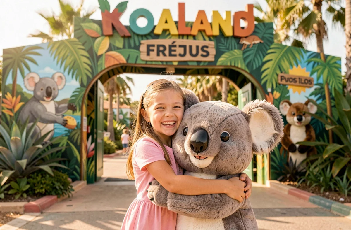 Fillette souriante qui serre dans ses bras la mascotte koala géante à l'entrée du parc Koaland près de Fréjus