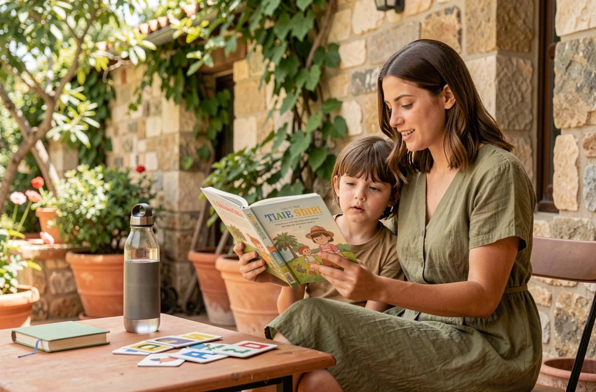 Femme lisant un livre illustré éducatif à une jeune enfant sur une terrasse en pierre pendant un séjour longue durée en Méditerranée